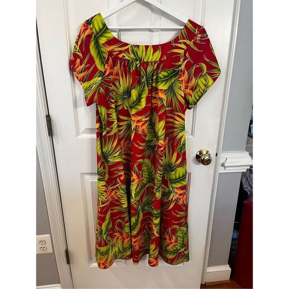Vintage Hilo Hattie Red & Green Palm Leaf Print Hawiaiian Dress sz 3X NWOT - Picture 4 of 6